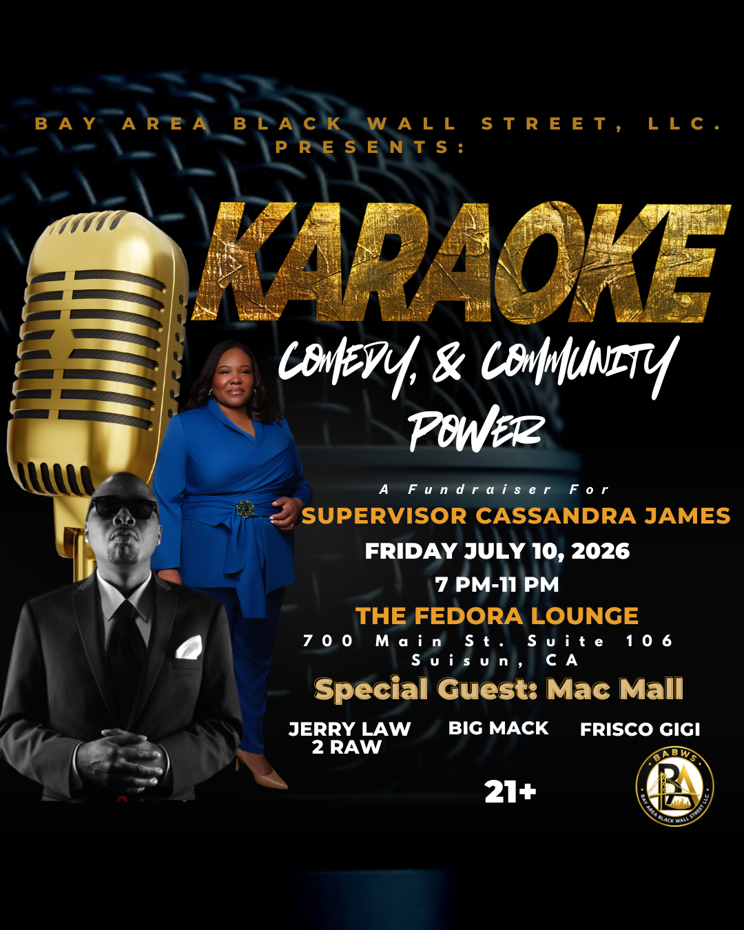 Karaoke, Comedy and Community Power flyer — a fundraiser supporting Supervisor Cassandra James, Friday July 10 2026 at The Fedora Lounge in Suisun City