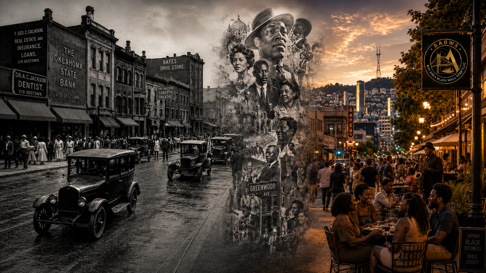 A montage bridging 1921 Greenwood &mdash; the original Black Wall Street &mdash; with a thriving present-day Bay Area Black community