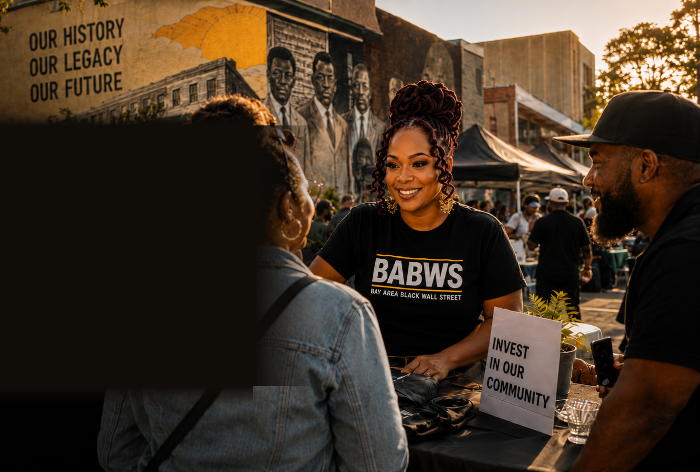 Community members connecting at a Bay Area Black Wall Street event in front of an Our History, Our Legacy, Our Future mural